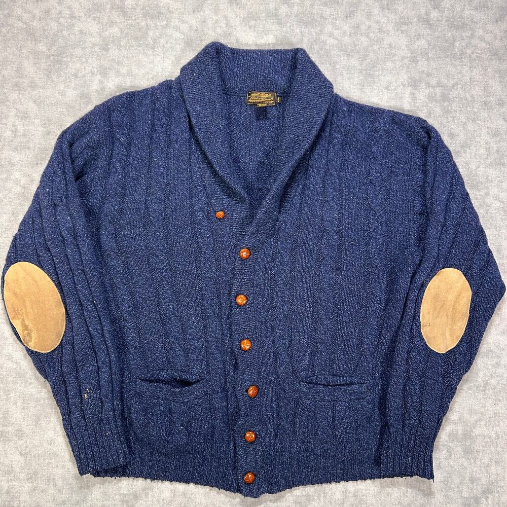 Vintage Eddie Bauer Wool Shawl Collar Cardigan Sweater Elbow Patches Mens XL